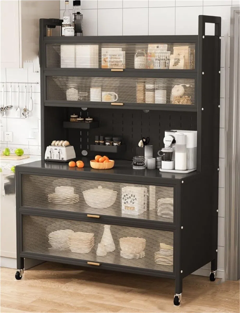 Meuble de rangement de cuisine à roulettes à 6 niveaux avec porte rabattable – En métal pour cafetières à micro-ondes, casseroles et poêles – Buffet peu encombrant (noir, 100 cm)