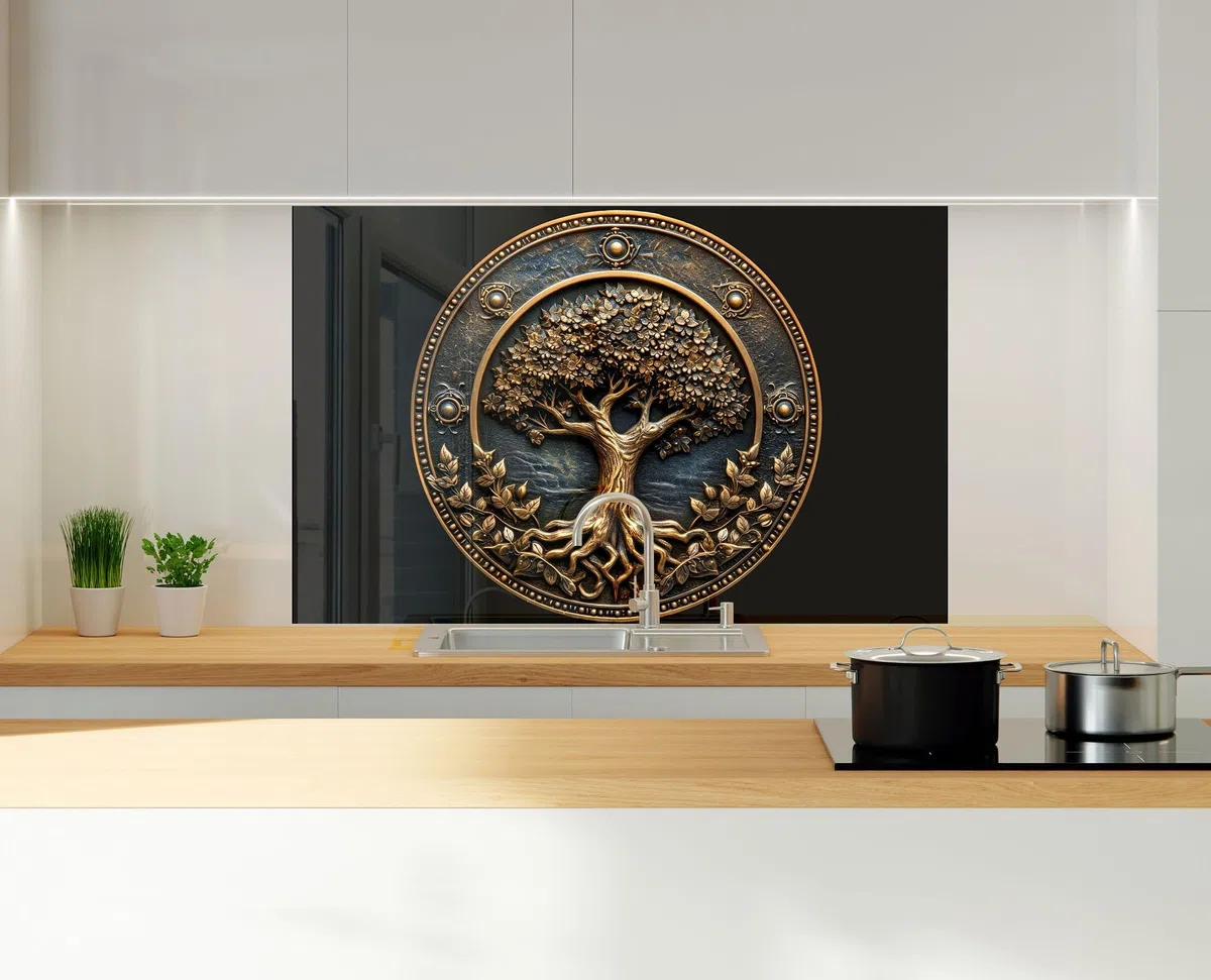 Myphotostation – Dosseret en verre trempé Life of Tree noir de 122 x 61 cm – Crédence en verre trempé pour cuisine, protection murale de cuisinière, planche à découper, panneau mural de cuisinière