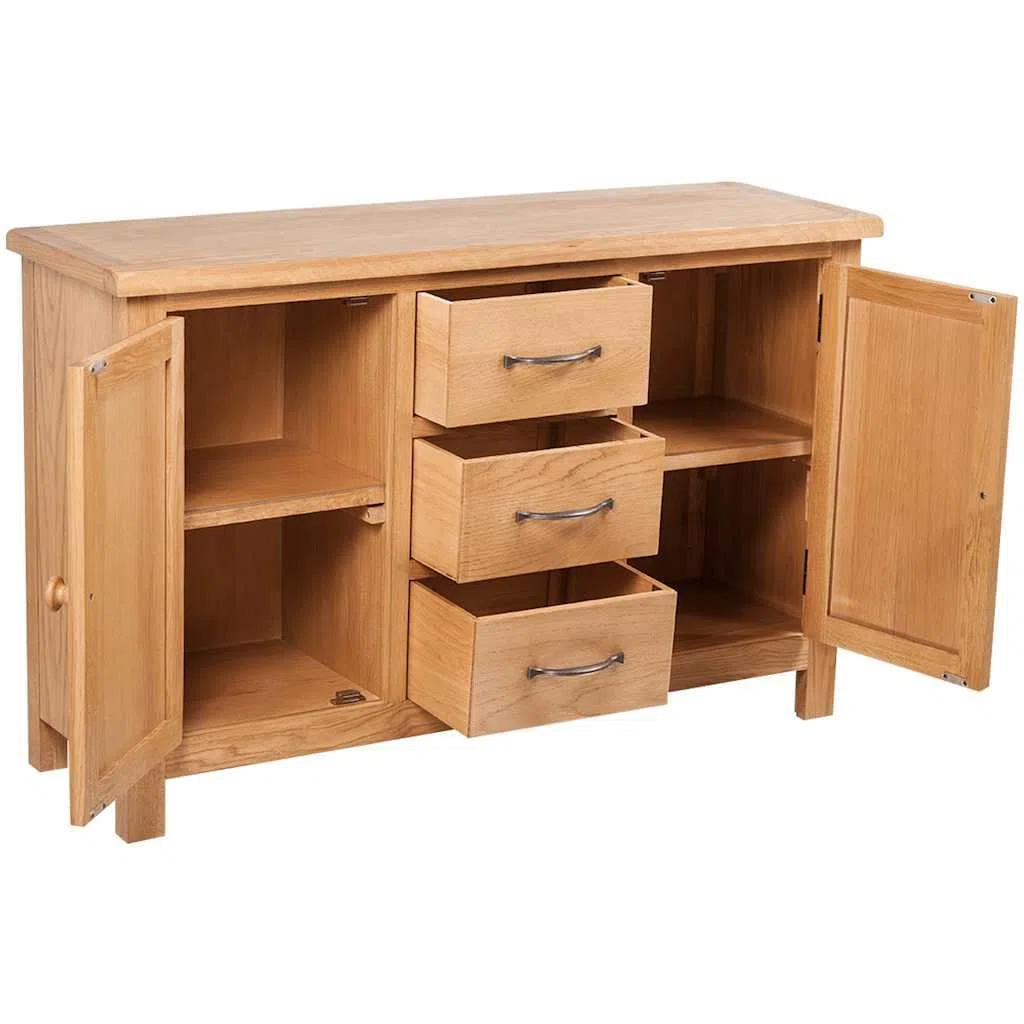 Buffet rustique en chêne massif avec 3 tiroirs et 2 compartiments - 110 x 33,5 x 70 cm - Pour salon, salle à manger, couloir - Montage facile
