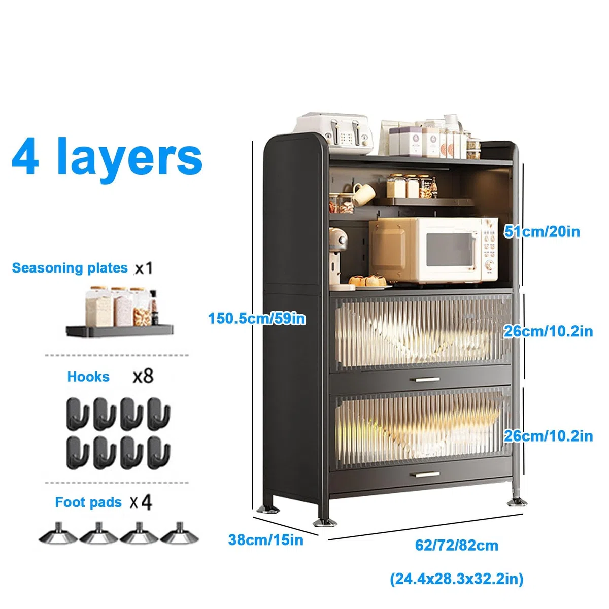 Étagère de cuisine industrielle à 4 niveaux avec crochets - Meuble de rangement pour micro-ondes - 62 x 38 x 150 cm - Parfait pour la maison et le bureau