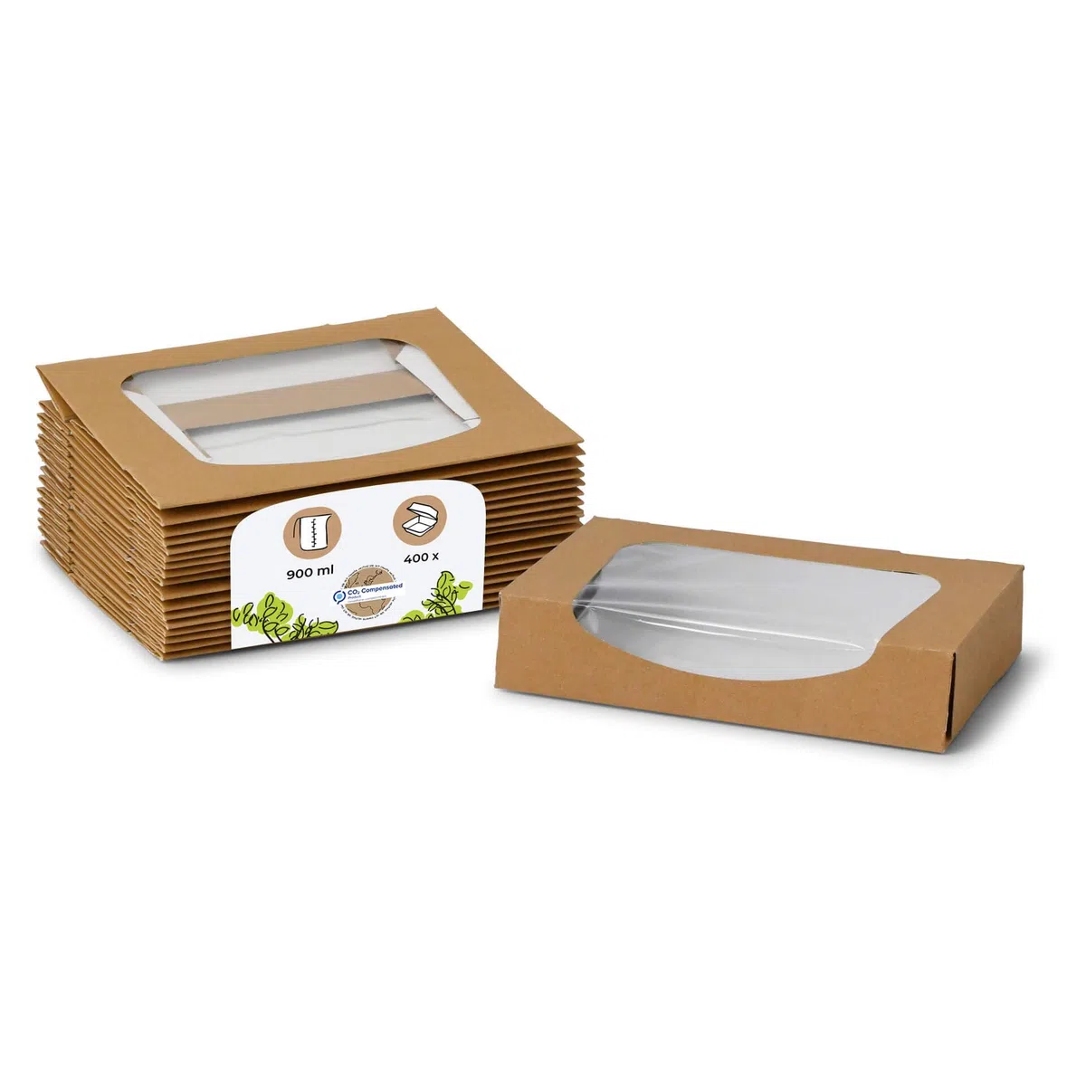 BIOZOYG Boîtes en carton bio avec fenêtre I Boîtes à emporter avec grande fenêtre en PLA - étanche aux liquides - compostable I 400 boîtes à pâtisserie I boîte à gâteau 900ml