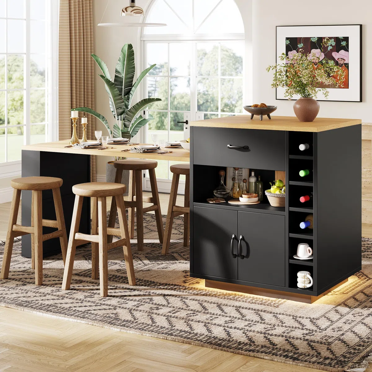 Îlot de Cuisine avec Bande LED – Meuble de Cuisine 80 x 70 x 95,5 cm avec Table Extensible, Chariot de Service Fixe, 2 Tiroirs et 4 Portes, Buffet pour Salon et Bar, Noir/Blanc (Noir + MDF + Métal)