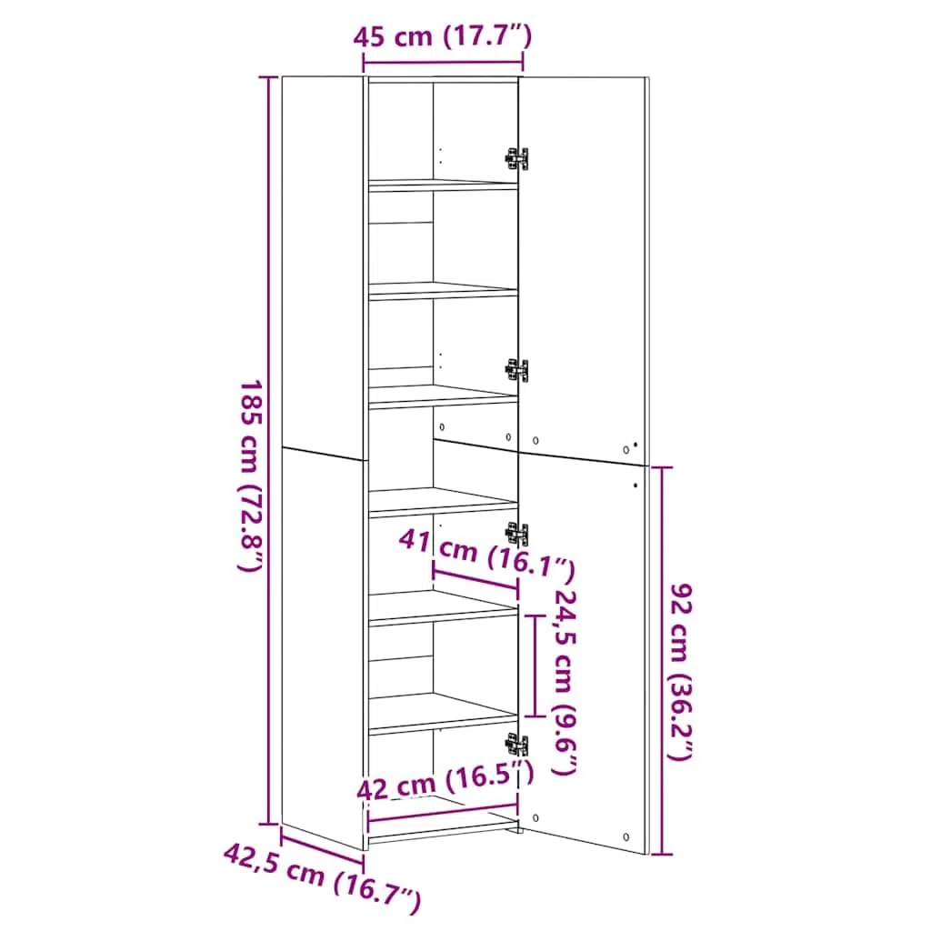 Meuble haut en bois de chêne Sonoma 45 x 42,5 x 185 cm avec portes et étagères, polyvalent pour salon, chambre à coucher, couloir, espace de rangement, commode moderne, buffet, buffet