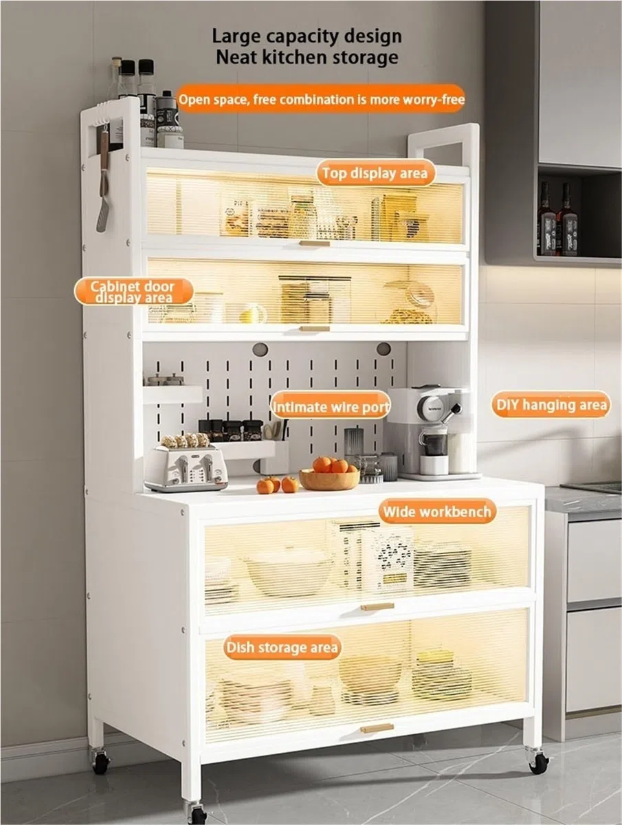 Meuble de rangement de cuisine à roulettes à 6 niveaux avec porte rabattable – En métal pour cafetières à micro-ondes, casseroles et poêles – Buffet peu encombrant (noir, 100 cm)