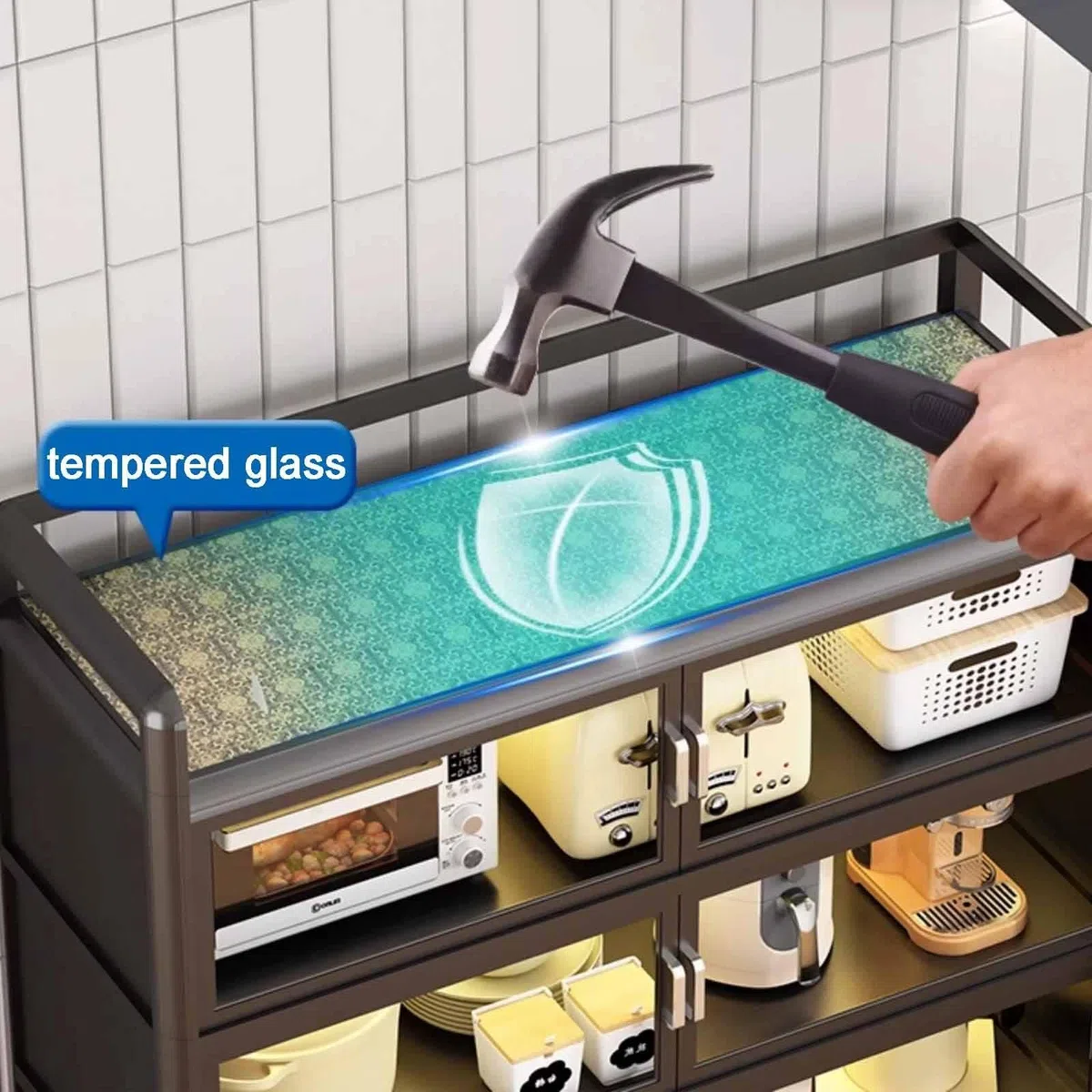 Meuble de Rangement Cuisine avec Portes Vitrées et roulettes, Multi-Niveaux