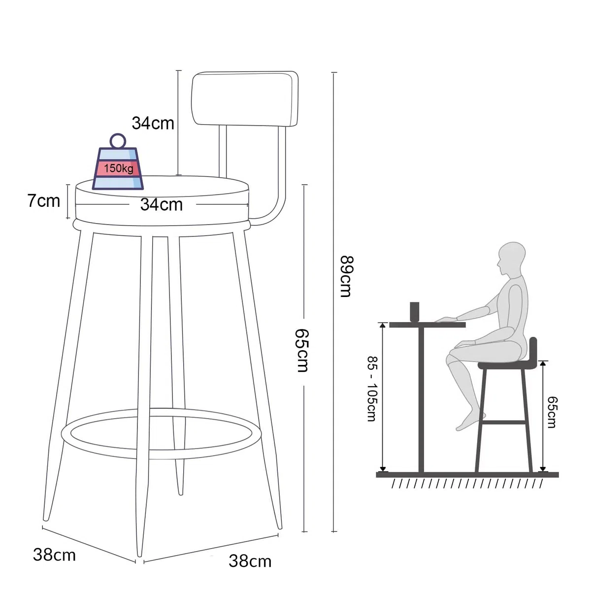 Ensemble de 2 tabourets de Bar Hauts en Velours Noir avec Dossier et Pieds
