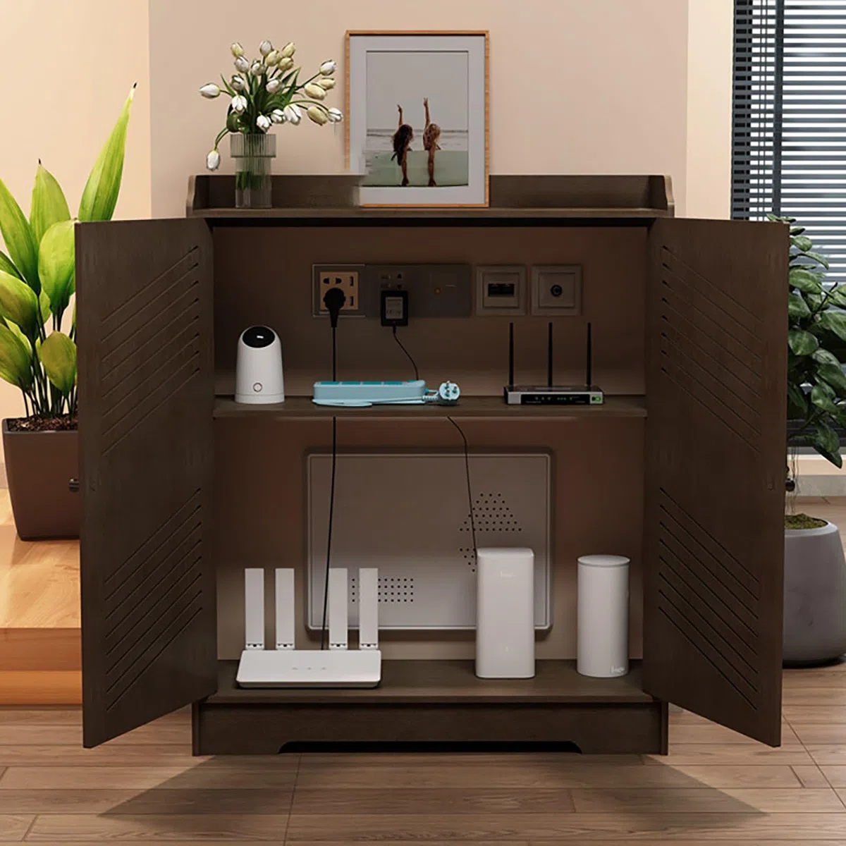 Slish Armoire Sto en bois avec portes et étagères pour salon, chambre à coucher, bureau (50 x 65 x 25 cm)