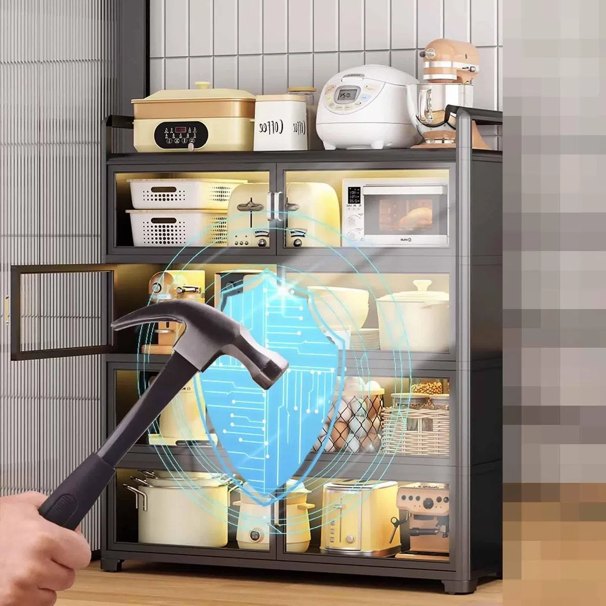 Meuble de Rangement Cuisine avec Portes Vitrées et roulettes, Multi-Niveaux