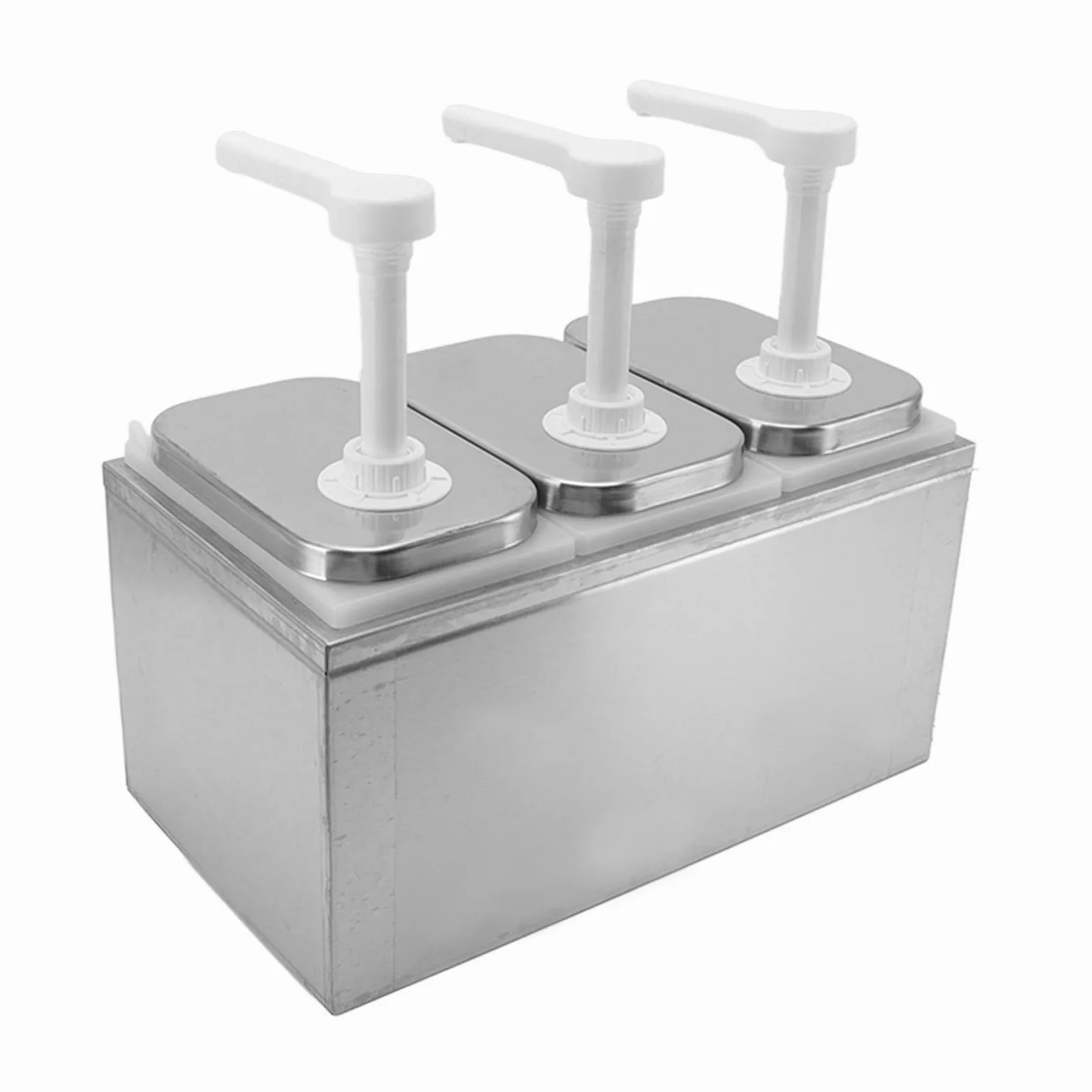Distributeur de sauce en plastique et acier inoxydable - Station de pompe à épices - Distributeur de sauce pour la cuisine et la maison (pompe triple de 2 l)