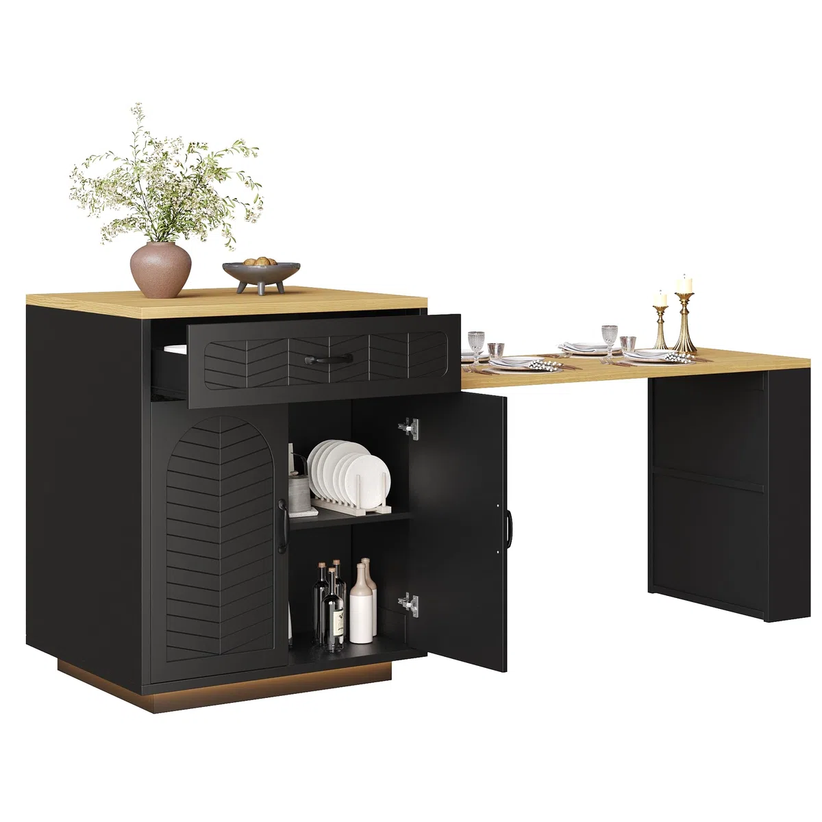 Îlot de Cuisine avec Bande LED – Meuble de Cuisine 80 x 70 x 95,5 cm avec Table Extensible, Chariot de Service Fixe, 2 Tiroirs et 4 Portes, Buffet pour Salon et Bar, Noir/Blanc (Noir + MDF + Métal)