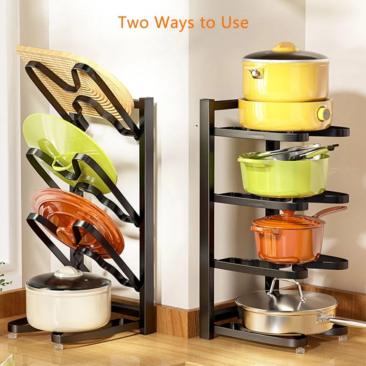 Organisateur de casseroles et poêles en fer réglable | Supports de couvercle de casserole de cuisine polyvalents pour l'organisation et le stockage sous les armoires-installation facile, 2 méthodes