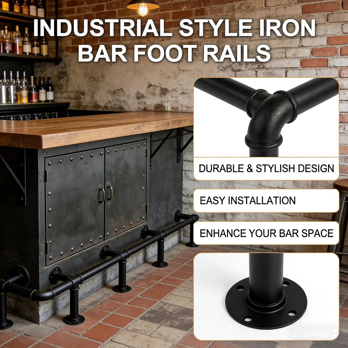 Repose-pieds de bar industriel réglable – Support noir mat revêtu de zinc de 1,5 m, support pour usage domestique et commercial, parfait pour les bars, les cafés et les cafés (4,5 m au choix)