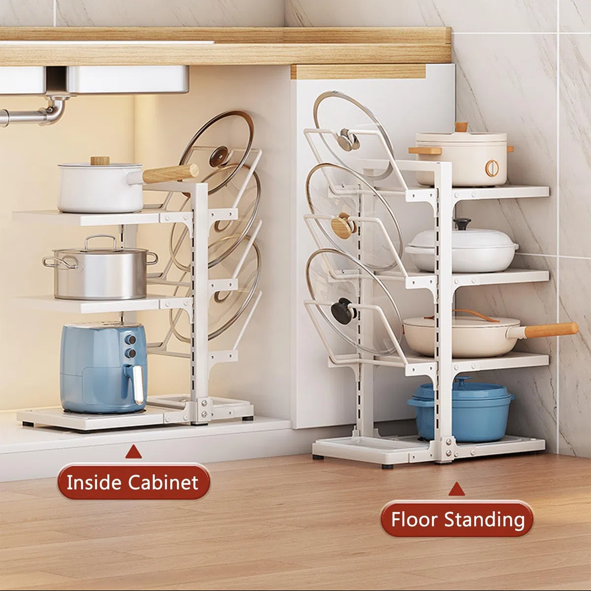 Support de rangement multifonctionnel réglable pour casseroles et poêles, support de casseroles sur pied pour armoire, supports de couvercles de casseroles avec bac de vidange, support de casseroles
