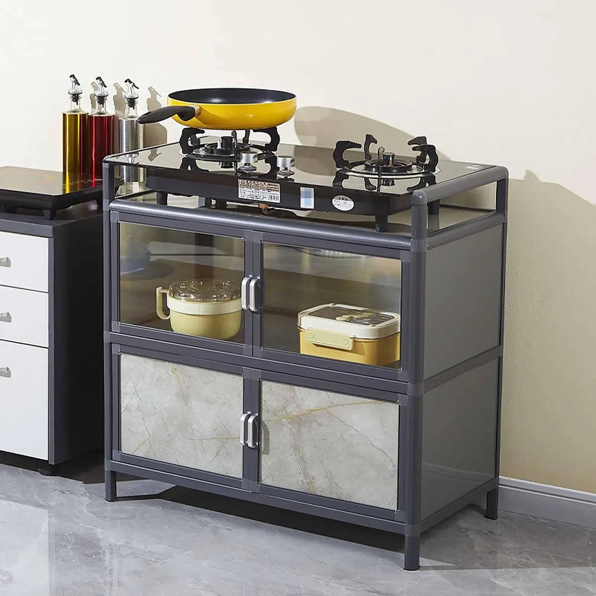 Meuble de Rangement Cuisine avec Portes, Armoire Alu Noire