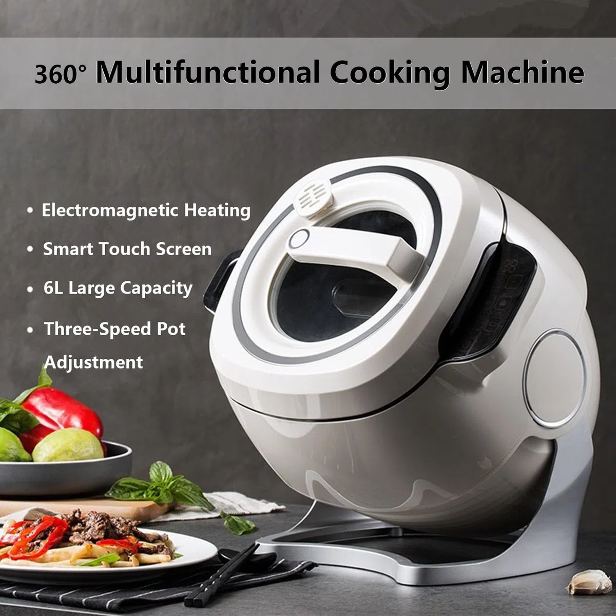 Machine à riz frit, wok de cuisson automatique avec capacité de 6 L, machine à riz frit à tambour rotatif à 360 ° pour faire sauter, cuire à la vapeur et cuisiner