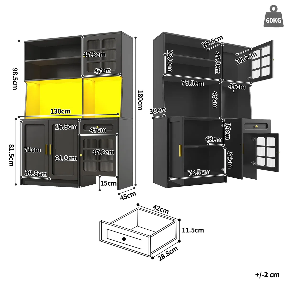 Meuble de cuisine avec plan de travail, tiroirs, 2 armoires avec portes