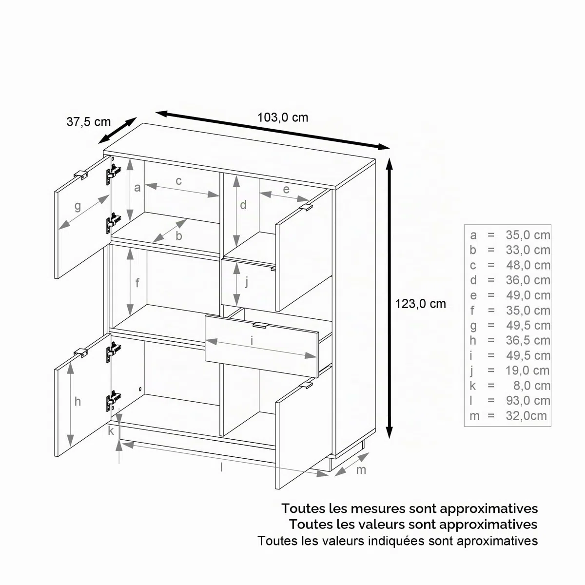 Vladon Buffet Haut Armoire Metro, Corps en Blanc Haute Brillance/Façades en Blanc Haute Brillance avec Une Insertion en Aspect Béton Oxyde, INCL. L'éclairage LED