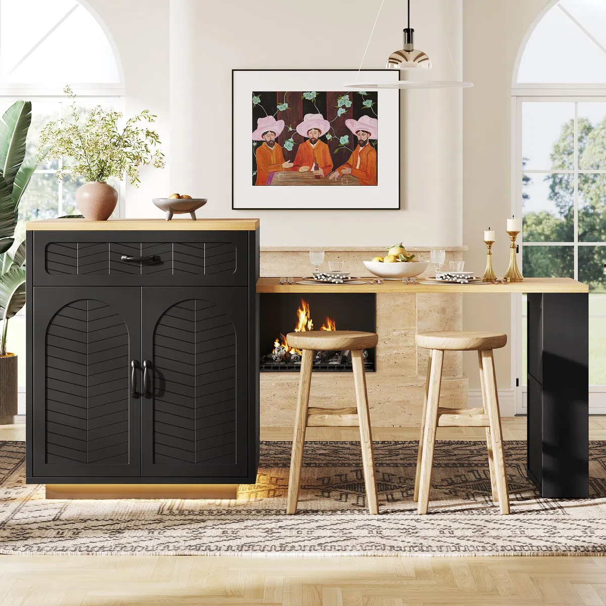Îlot de Cuisine avec Bande LED – Meuble de Cuisine 80 x 70 x 95,5 cm avec Table Extensible, Chariot de Service Fixe, 2 Tiroirs et 4 Portes, Buffet pour Salon et Bar, Noir/Blanc (Noir + MDF + Métal)