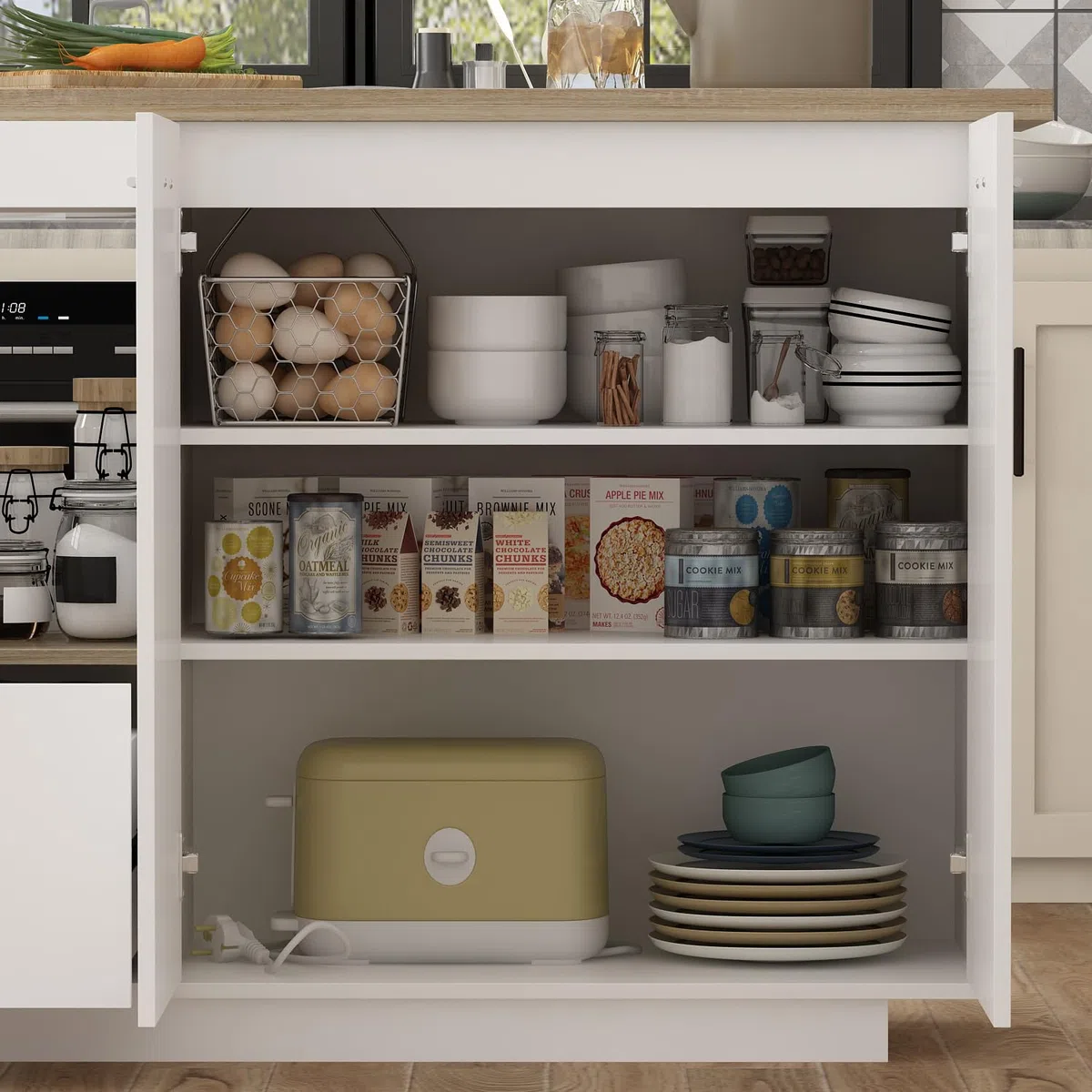 Buffet de Cuisine Blanc et chêne avec Plan de Travail, 150 cm