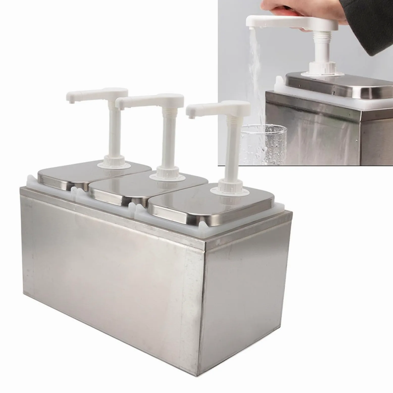 Distributeur de sauce en plastique et acier inoxydable - Station de pompe à épices - Distributeur de sauce pour la cuisine et la maison (pompe triple de 2 l)