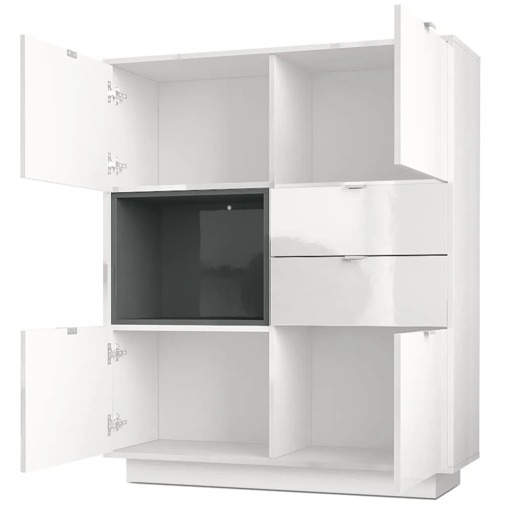 Vladon Buffet Haut Armoire Metro, Corps en Blanc Haute Brillance/Façades en Blanc Haute Brillance avec Une Insertion en Aspect Béton Oxyde, INCL. L'éclairage LED