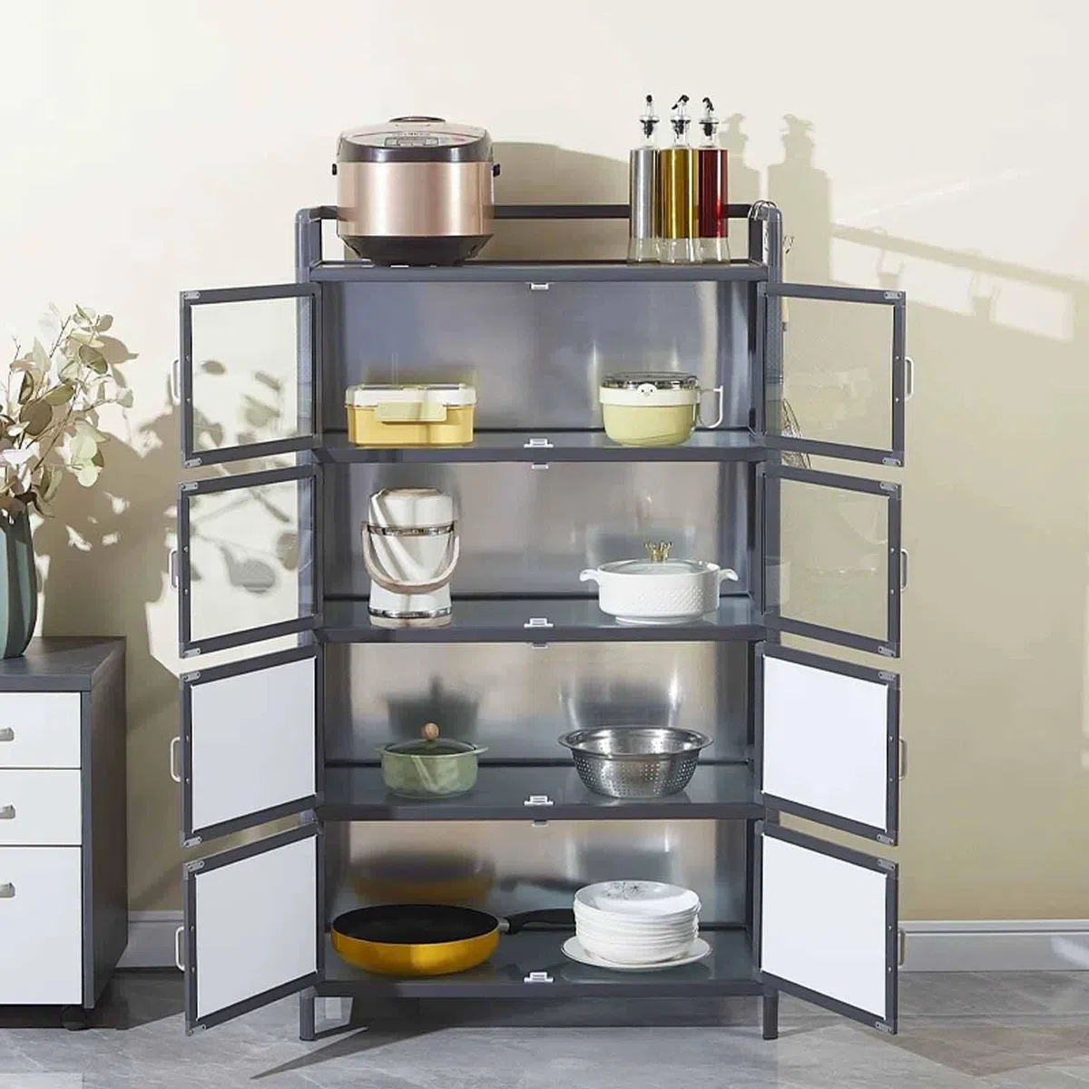 Meuble de Rangement Cuisine avec Portes, Armoire Alu Noire