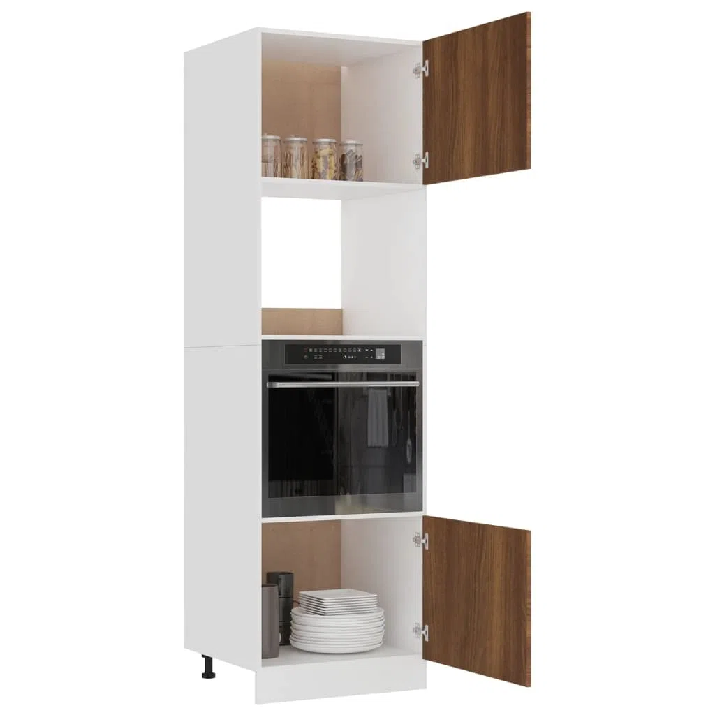 Armoire à micro-ondes Lyon marron aspect chêne 60 x 57 x 207 cm, armoire de cuisine haute avec 4 compartiments, espace de rangement et porte, armoire de rangement pour plan de travail, salle