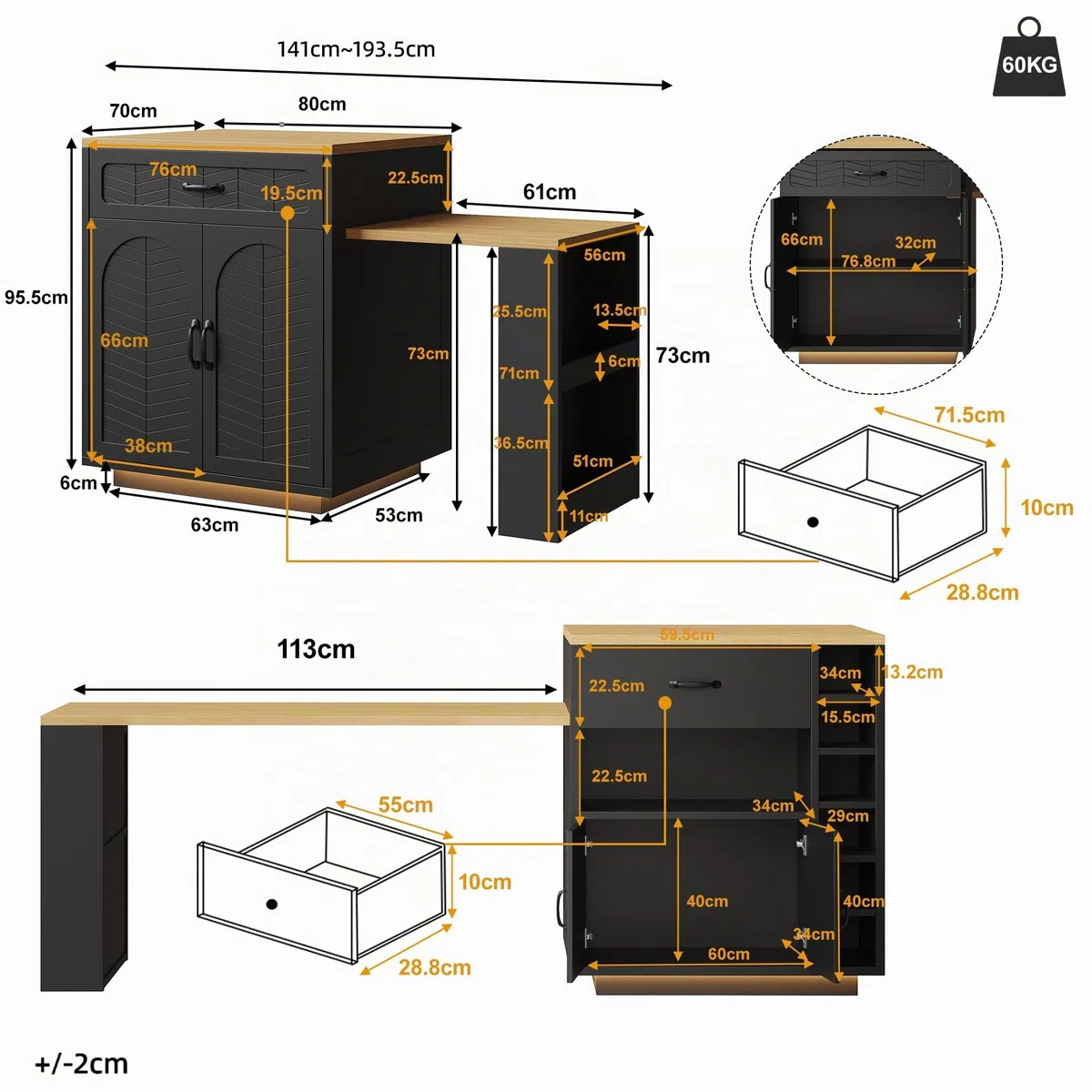 Îlot de Cuisine avec Bande LED – Meuble de Cuisine 80 x 70 x 95,5 cm avec Table Extensible, Chariot de Service Fixe, 2 Tiroirs et 4 Portes, Buffet pour Salon et Bar, Noir/Blanc (Noir + MDF + Métal)