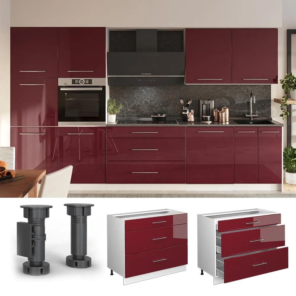 Vicco Meuble Cuisine Fame-Line, Bordeaux Brillant/Blanc, 100cm