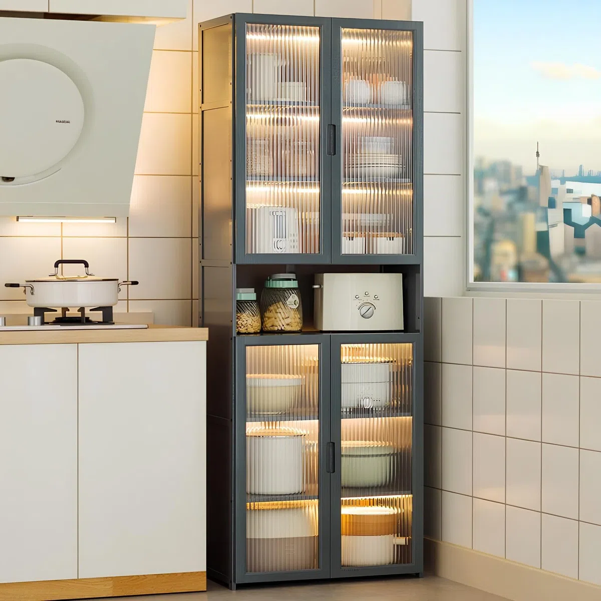Meuble de rangement polyvalent autonome pour cuisine, garde-manger, buffet avec portes et étagères, idéal pour cuisine, salle à manger, salon, 60 x 30 x 175 cm