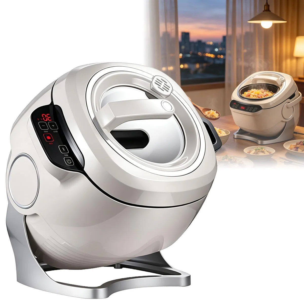 AVSMGP Cuiseur Automatique pour Sautés, Marmite Électrique Auto-Mélangeuse 6L- Rotation Automatique À 360° pour Sautés, Mijotés Et Cuisson Usage Domestique Et Professionnel