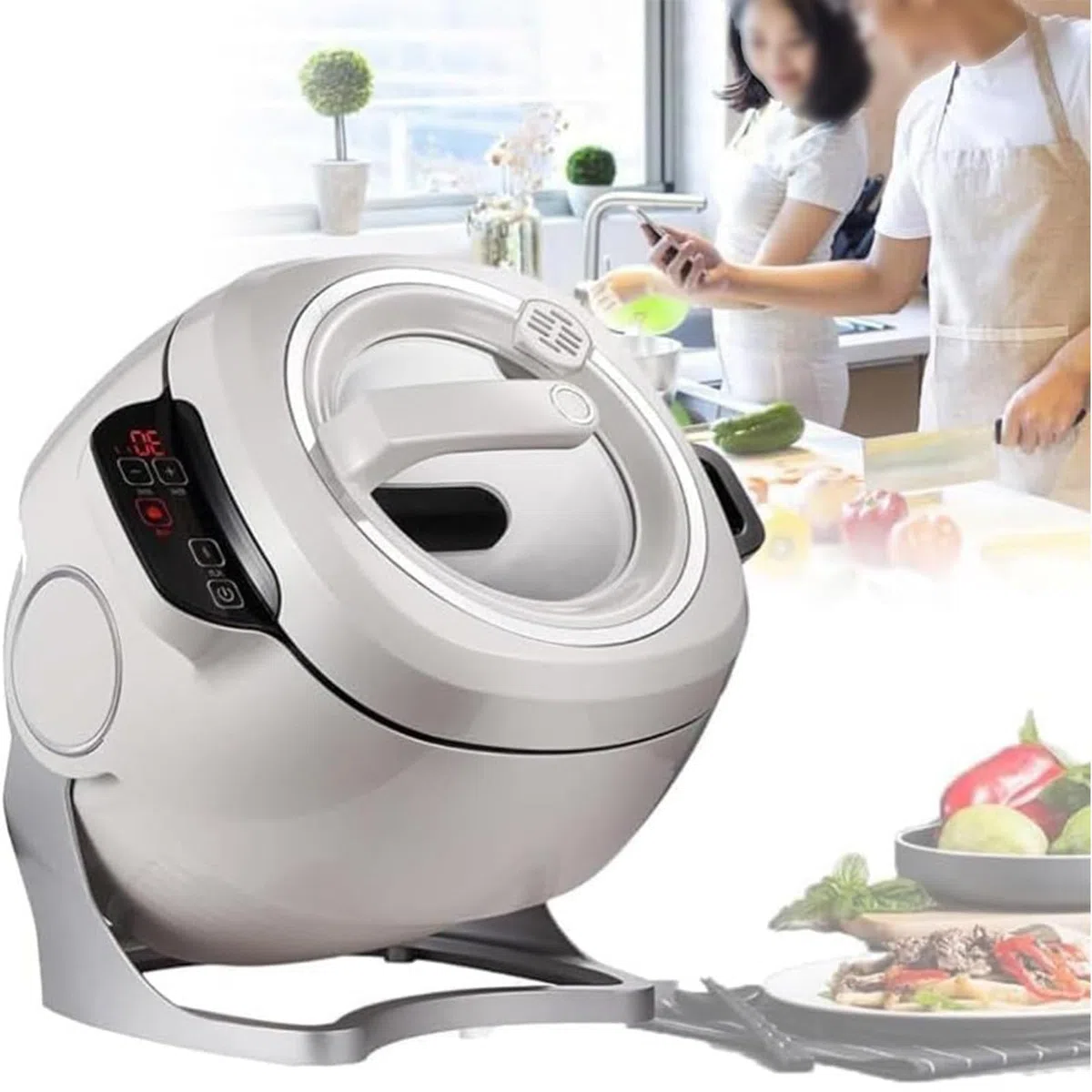 Machine de Cuisson Automatique Intelligente, Machine À Riz Frit Au Wok de Cuisson Automatique 2000 W 6 L, Démarrage Intelligent en Un Clic,Rotation Automatique À 360 °of