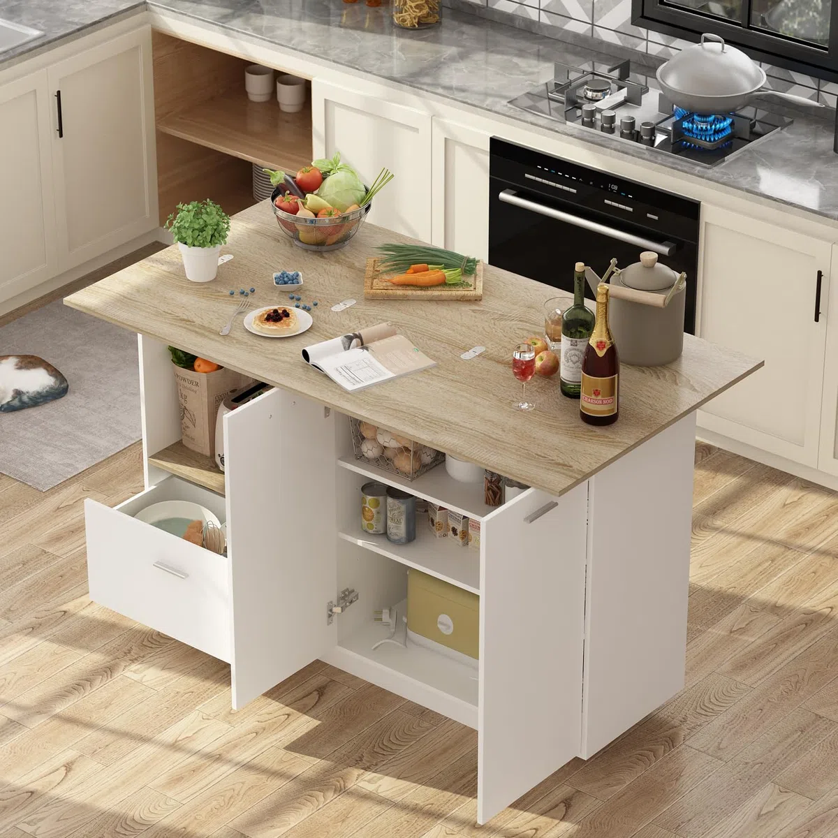 Buffet de Cuisine Blanc et chêne avec Plan de Travail, 150 cm