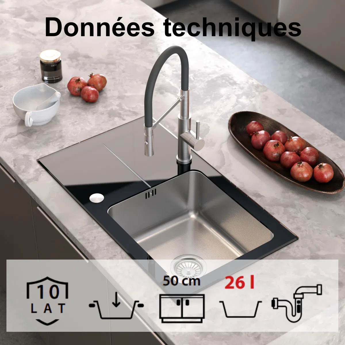 QUADRON Evier en verre Evier cuisine | Taille 77 x 44 x 19 cm, Couleur: Noir | HUGH 111 Verre trempé Evier monocuve | Evier de cuisine simple en acier inoxydable | evier cuisine 1 bac