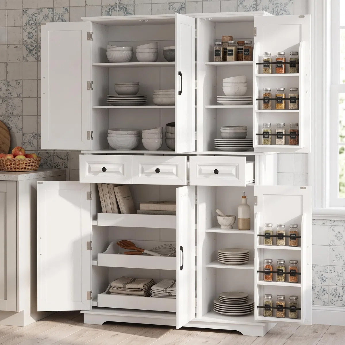 Armoire de rangement autoportante en bois avec 3 plateaux coulissants, 3 tiroirs et 6 étagères réglables pour cuisine et salle à manger 183 cm de haut