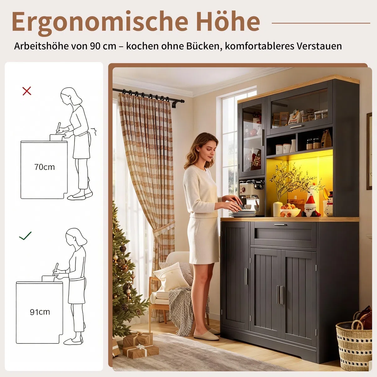 Armoire de cuisine haute avec éclairage LED, 104 x 40 x 180 cm, blanc et noir, vitrine avec portes en verre, pour cuisine, salon