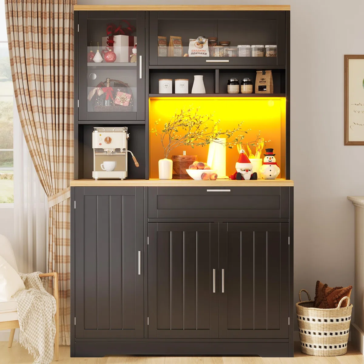 Armoire de cuisine haute avec éclairage LED, 104 x 40 x 180 cm, blanc et noir, vitrine avec portes en verre, pour cuisine, salon