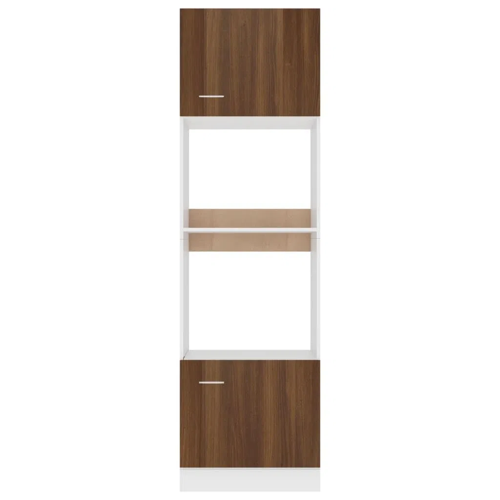 Armoire à micro-ondes Lyon marron aspect chêne 60 x 57 x 207 cm, armoire de cuisine haute avec 4 compartiments, espace de rangement et porte, armoire de rangement pour plan de travail, salle