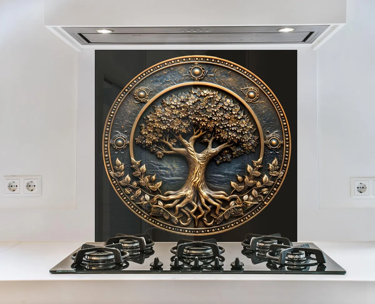 Myphotostation – Dosseret en verre trempé Life of Tree noir de 122 x 61 cm – Crédence en verre trempé pour cuisine, protection murale de cuisinière, planche à découper, panneau mural de cuisinière